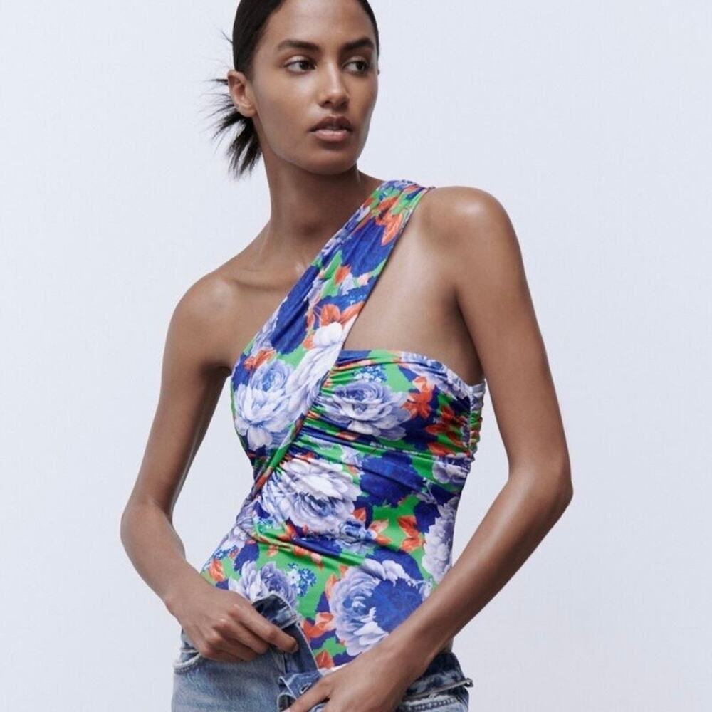 ZARA Floral Asymmetrical Bodysuit Blue Small S